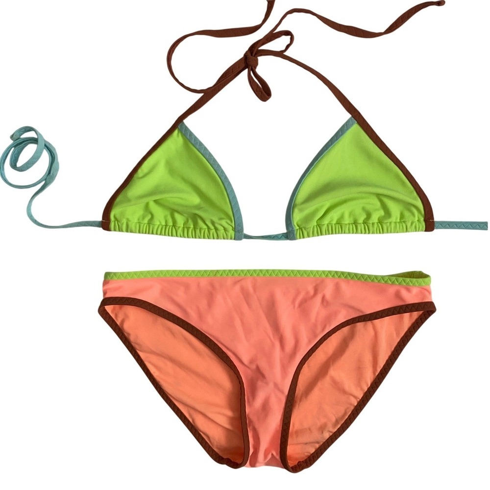 Aerie Colorblock Bikini Set Neon Lime Green XS Triangle Top Coral Pink S Bottoms